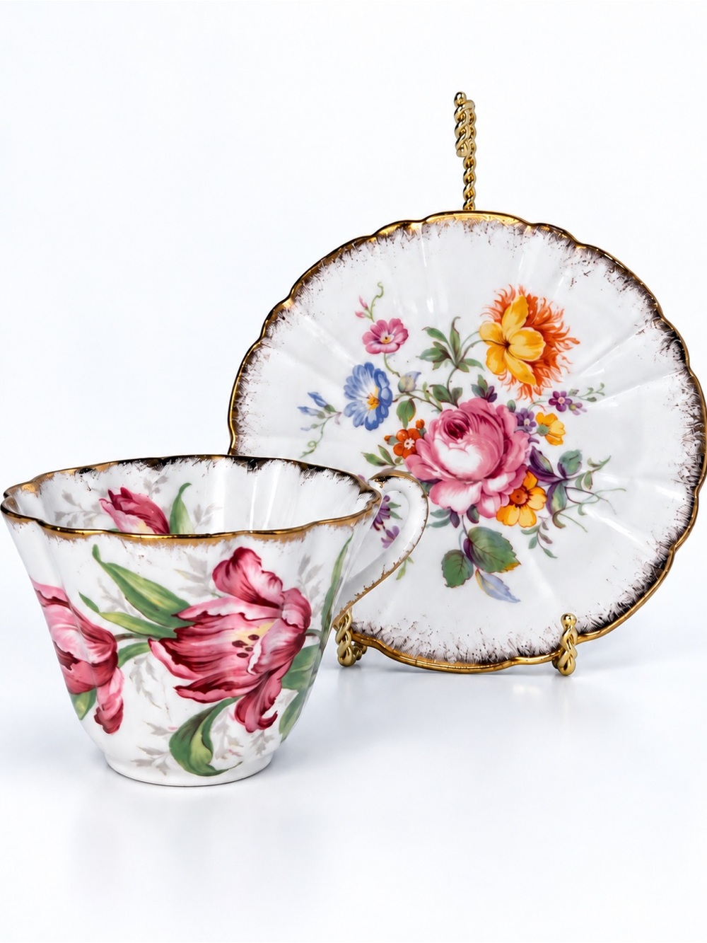 Vintage Gladstone Rembrandt Bone China Teacup & Saucer England Floral Gold Trim